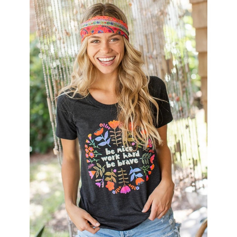 Natural Life Womens Floral Graphic Be Nice Work Hard Be Brave Tee Charcoal XXL*